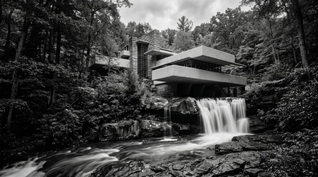 Fallingwater, de Frank Lloyd Wright, com os terraços de concreto em balanço sobre a cachoeira do riacho Bear Run