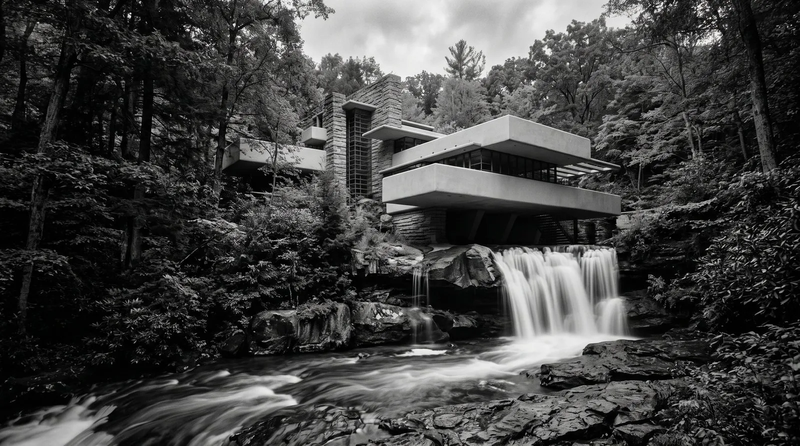 Fallingwater, de Frank Lloyd Wright, com os terraços de concreto em balanço sobre a cachoeira do riacho Bear Run