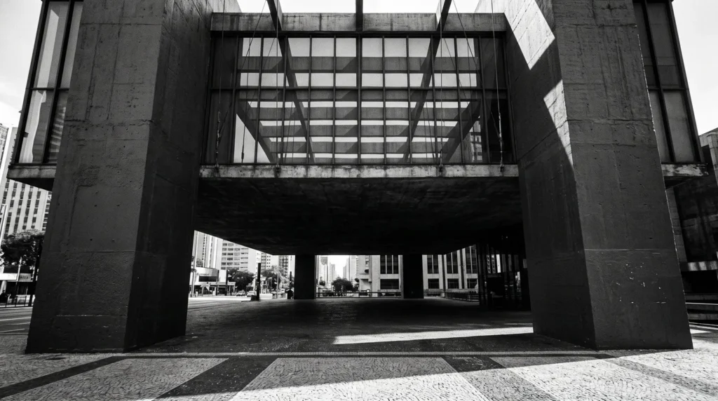 Vão livre de 74 metros do MASP visto da praça, com os pórticos de concreto de Lina Bo Bardi na Avenida Paulista
